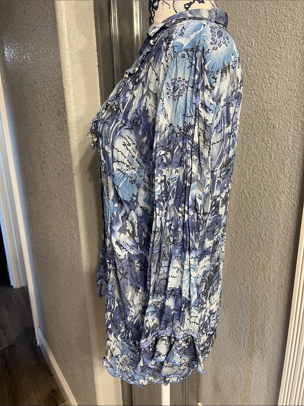 Jaipur Blue & Light Blue Script Ruffle V-Neck Blouse - Picture 3 of 8